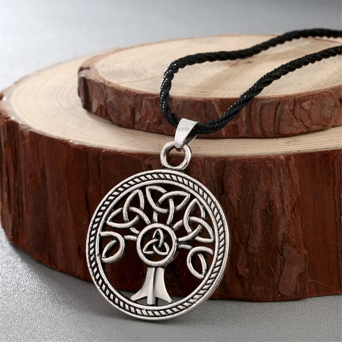 Black & Silver-Plated Openwork Round Tree Of Life Pendant Necklace
