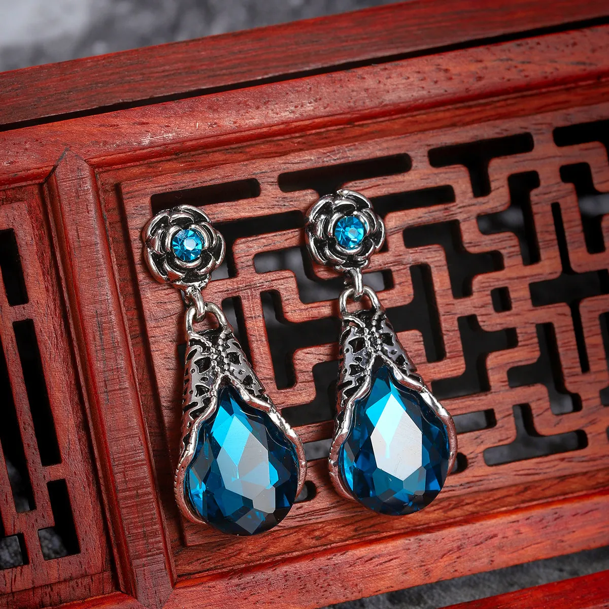 Blue Crystal & Cubic Zirconia Silver-Plated Rose Drop Earrings