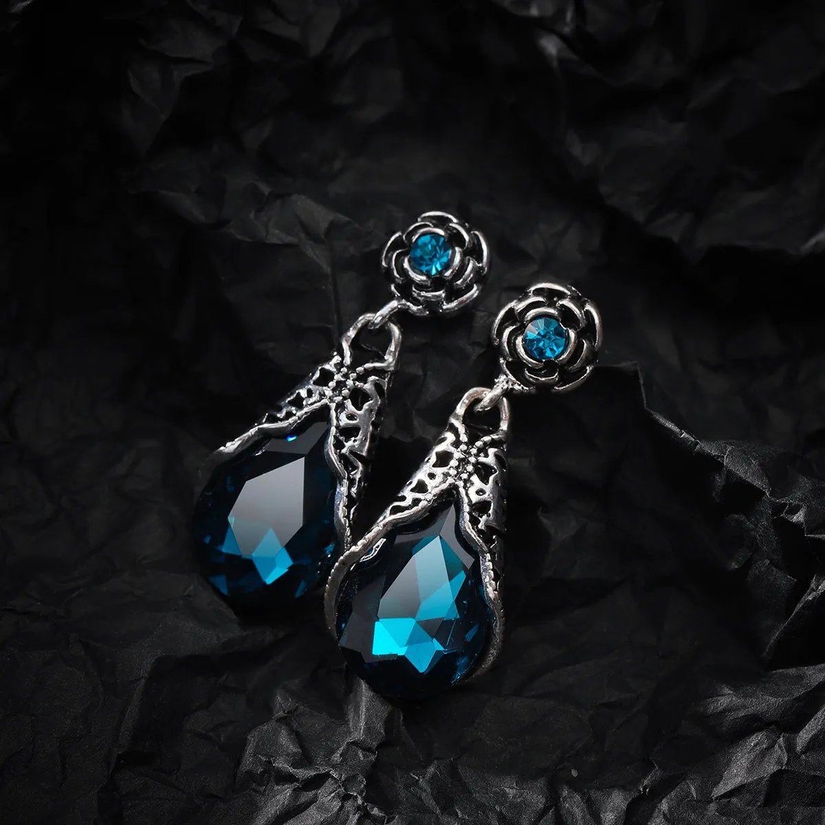 Blue Crystal & Cubic Zirconia Silver-Plated Rose Drop Earrings