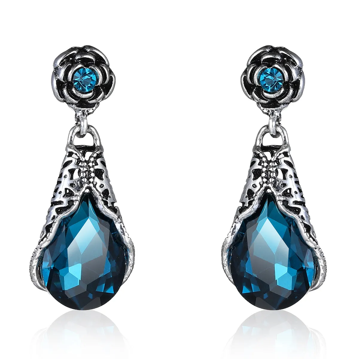 Blue Crystal & Cubic Zirconia Silver-Plated Rose Drop Earrings