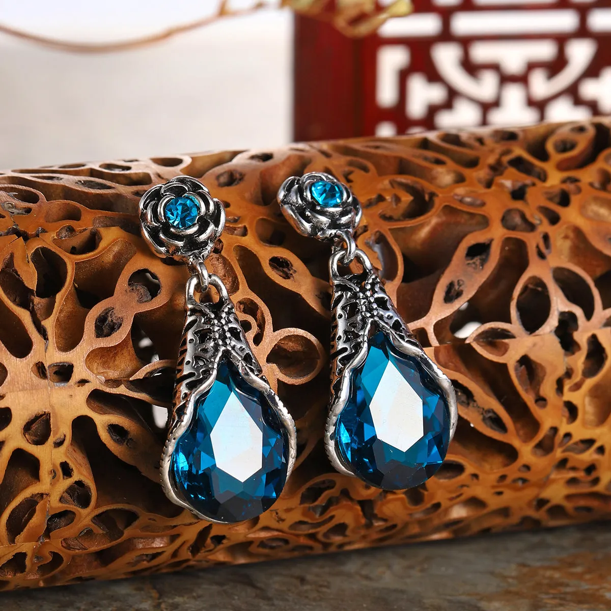 Blue Crystal & Cubic Zirconia Silver-Plated Rose Drop Earrings
