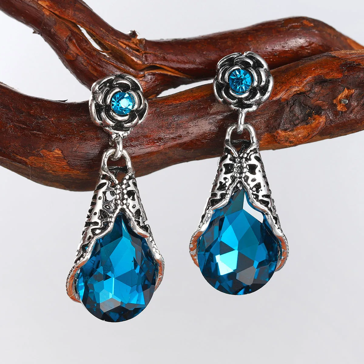 Blue Crystal & Cubic Zirconia Silver-Plated Rose Drop Earrings