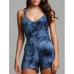Blue Spaghetti Strap Backless Tie Dye Playsuit - Blue S