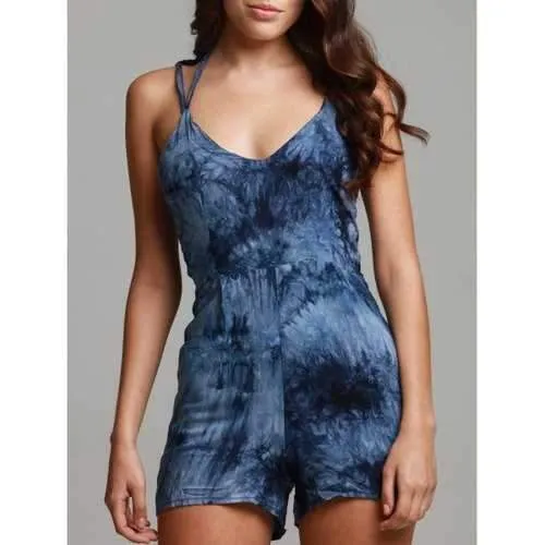 Blue Spaghetti Strap Backless Tie Dye Playsuit - Blue S