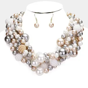 Braided Brown, Gray, White Pearl Necklace Set