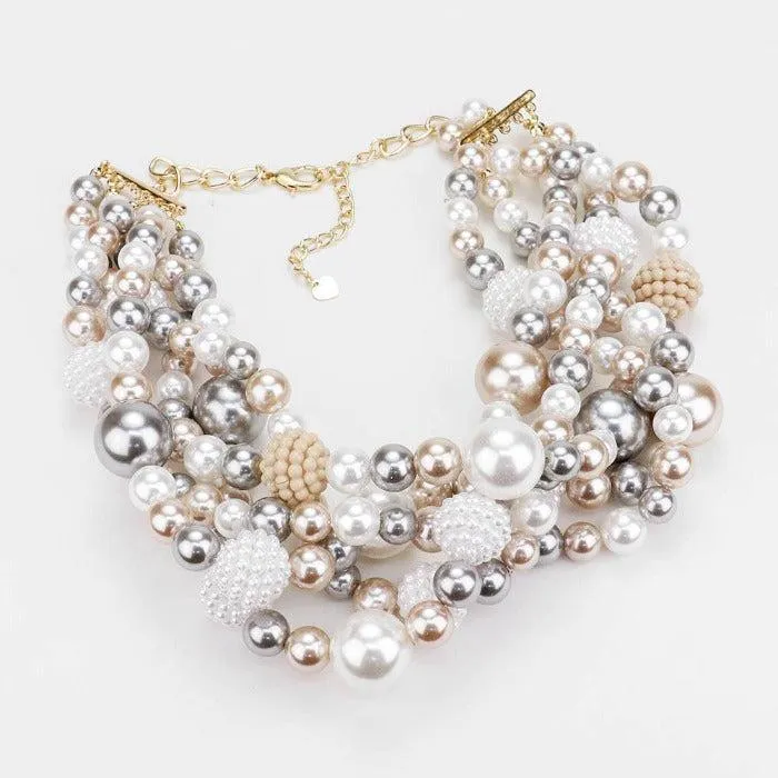 Braided Brown, Gray, White Pearl Necklace Set
