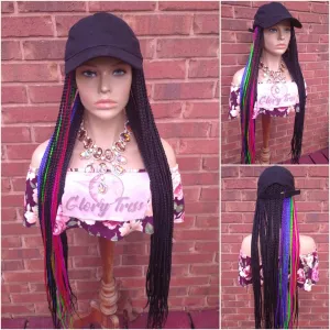 Braided Hat Wig, 35" Long Rainbow Box Braids, Throw On An Go Wig, Black Braided Wig, African American Hairstyle //JUSTICE