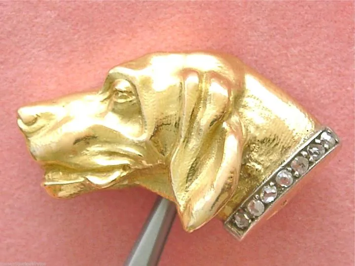 Brooch Hound Head Profile 18 kt Yellow Gold Platinum & Diamond Collar 20  Grams French Provenance