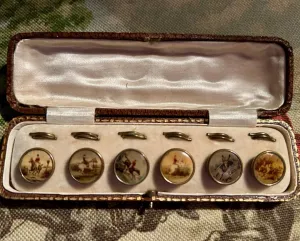 Button Antique Set of Six Fox Hunting Scenes in Brass with Original Case