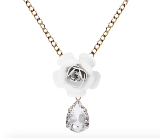 Camellia Necklace with Crystal Drop - Silk Effect