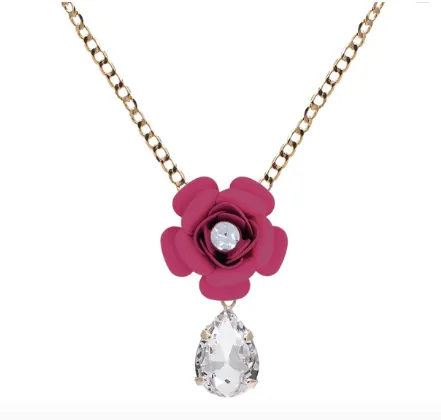 Camellia Necklace with Crystal Drop - Silk Effect