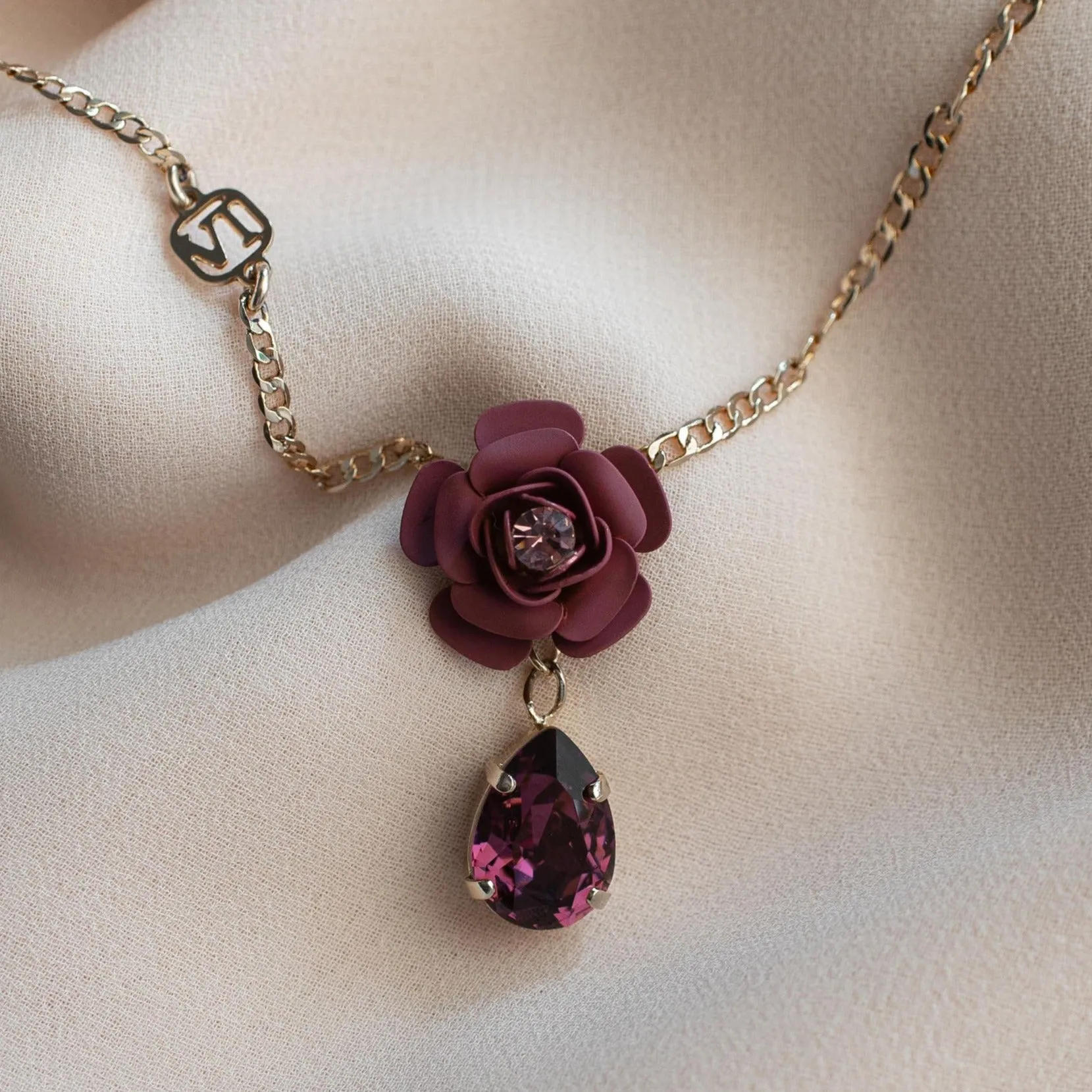 Camellia Necklace with Crystal Drop - Silk Effect