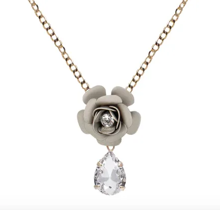 Camellia Necklace with Crystal Drop - Silk Effect