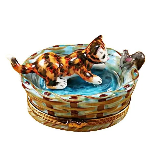 Cat in Basket with Mouse