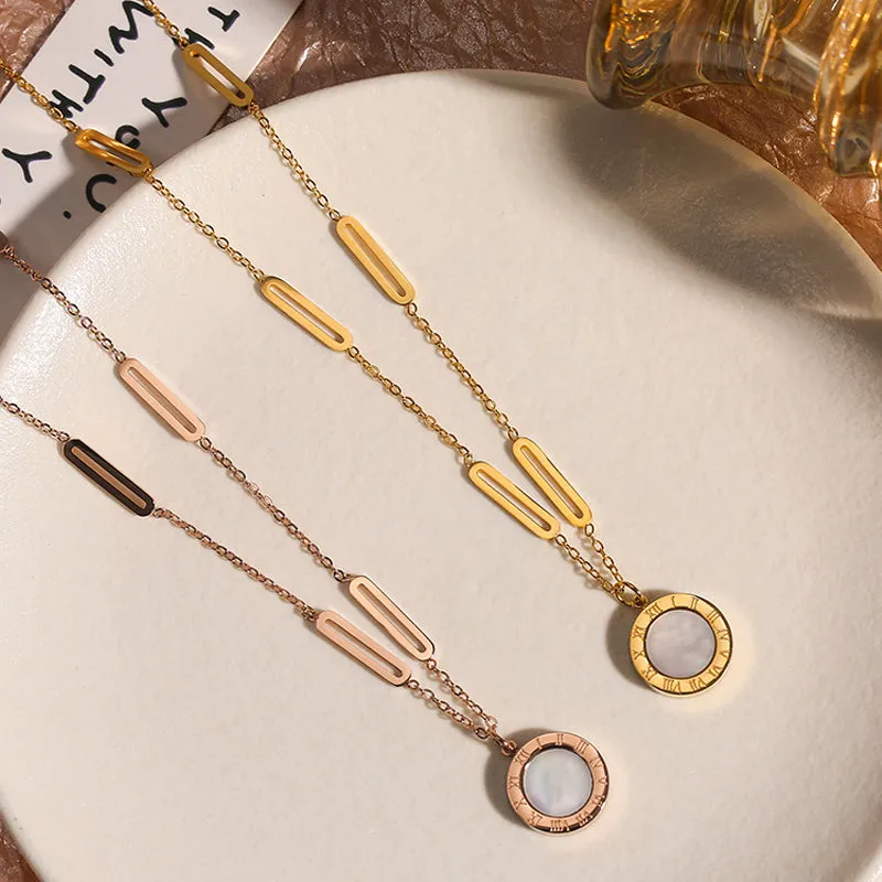 Chic Korean Jewelry Roman Numeral Disc Pendant Necklace in Timeless Titanium Steel – Monochrome Elegance for Unique Women's Style