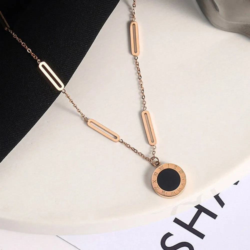 Chic Korean Jewelry Roman Numeral Disc Pendant Necklace in Timeless Titanium Steel – Monochrome Elegance for Unique Women's Style