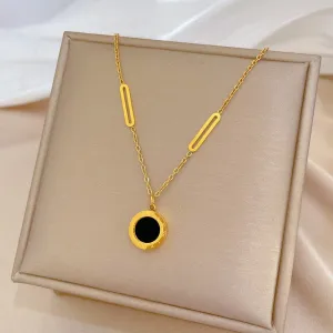 Chic Korean Jewelry Roman Numeral Disc Pendant Necklace in Timeless Titanium Steel – Monochrome Elegance for Unique Women's Style