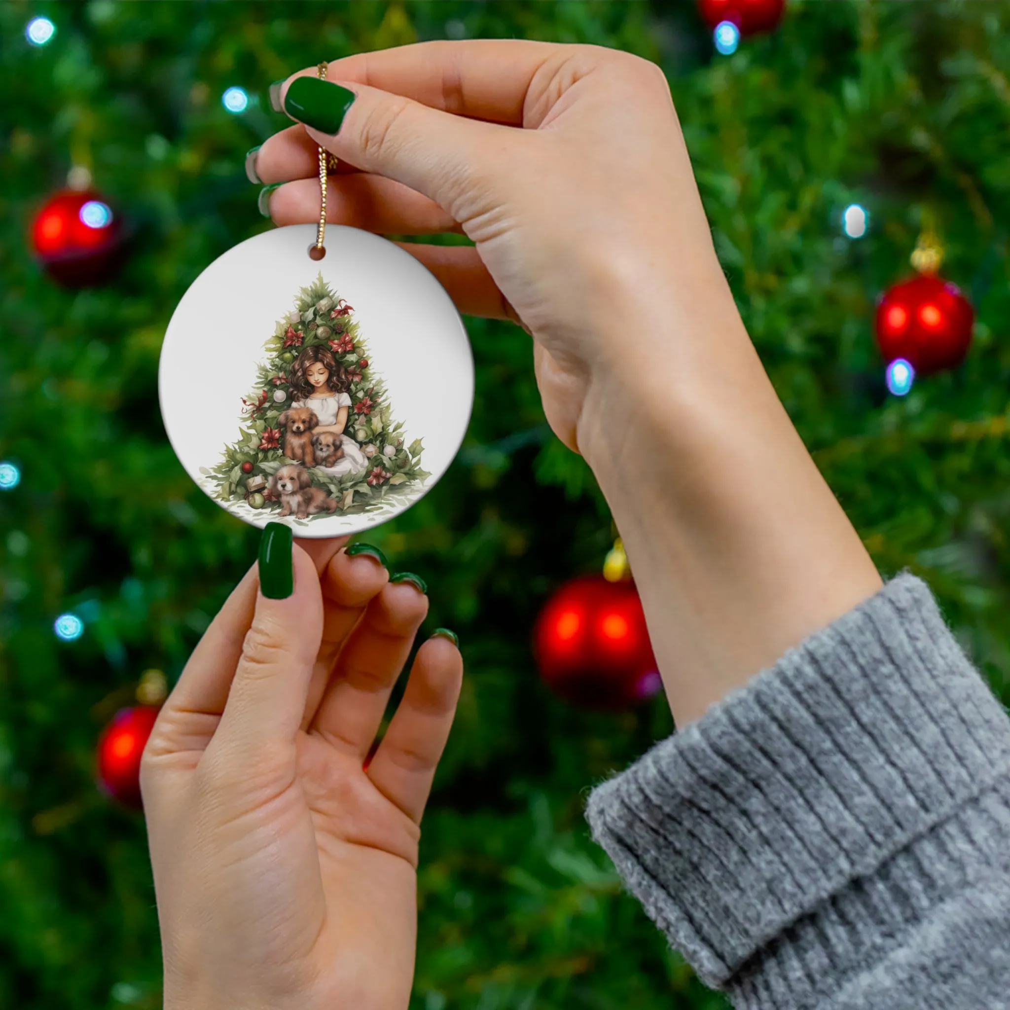 Christmas Tree With Dogs Ceramic Disc Ornament                Item #7472768