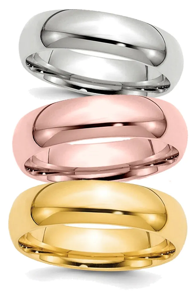 Classic 6mm Comfort Fit Wedding Bands in Rose, White or Yellow 14k Gold