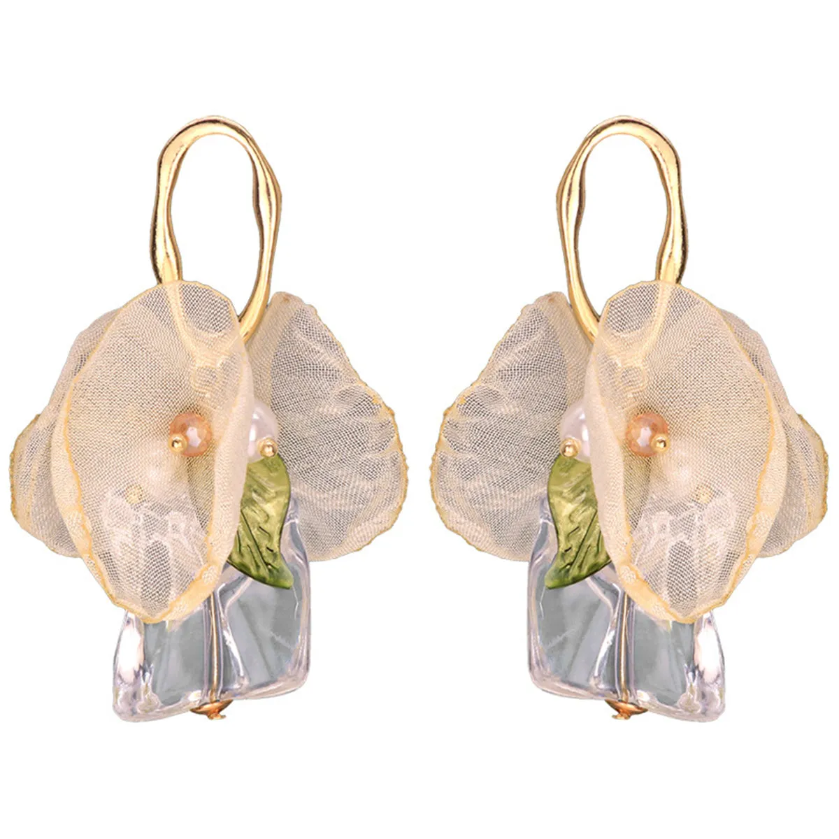 Crystal & Pearl Mesh Leaf Bow Drop Earrings