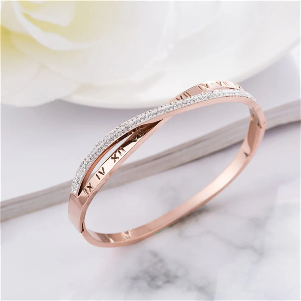 Cubic Zirconia & 18K Rose Gold-Plated Cross & Roman Numeral Bangle
