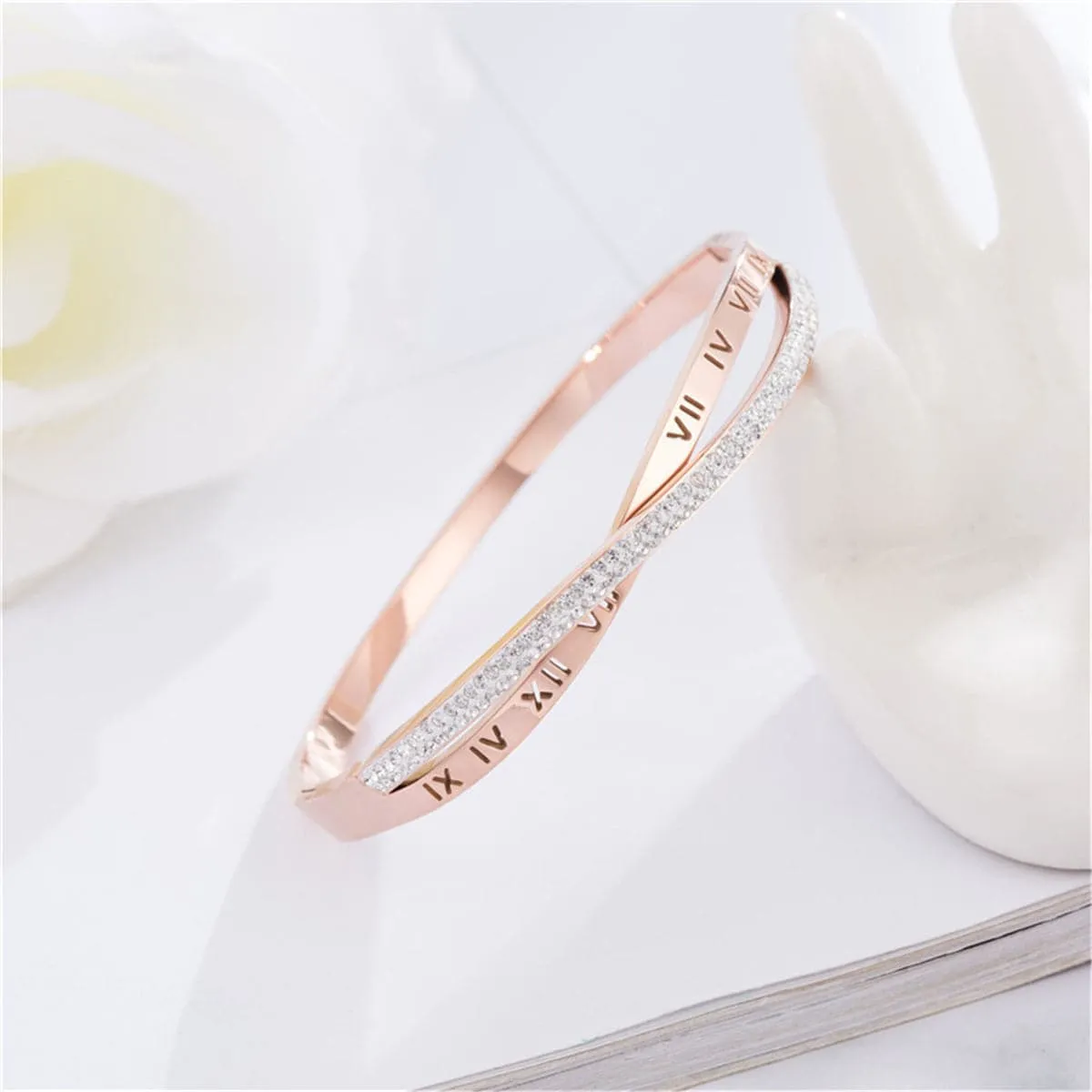 Cubic Zirconia & 18K Rose Gold-Plated Cross & Roman Numeral Bangle