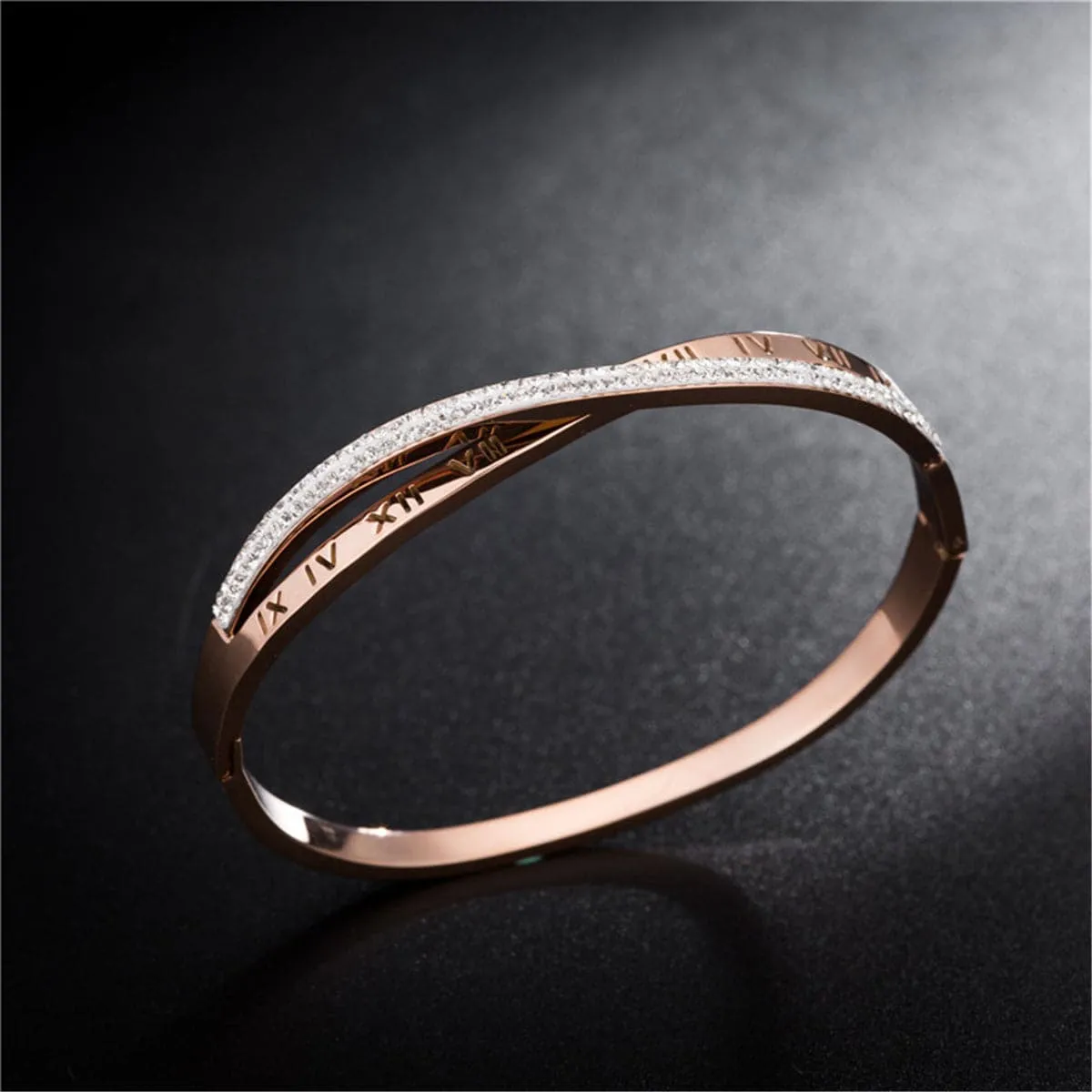 Cubic Zirconia & 18K Rose Gold-Plated Cross & Roman Numeral Bangle