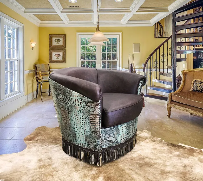 Custom Barrel Chair in Hunter Chocolate & Turquoise Croc