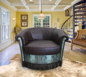 Custom Barrel Chair in Hunter Chocolate & Turquoise Croc