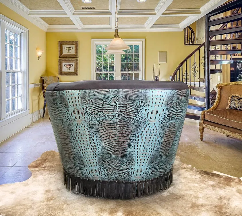 Custom Barrel Chair in Hunter Chocolate & Turquoise Croc