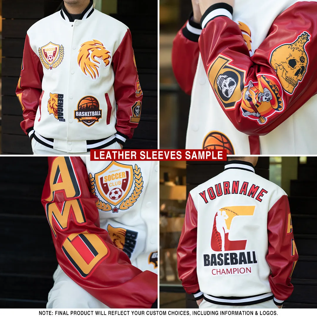 Custom Black Old Gold Psychedelic Skeleton Metal Apparel Dark Art 3D Bomber Full-Snap Varsity Letterman Jacket