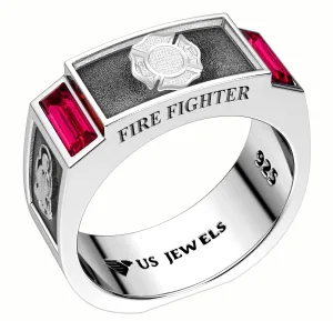 Customizable Men's 8mm 925 Sterling Silver Synthetic Ruby Masonic/Fire Fighter Ring Band