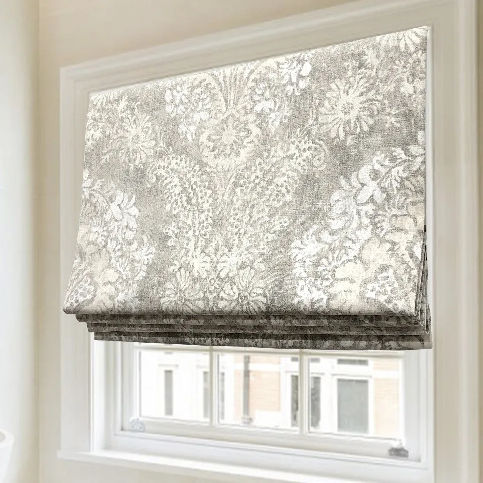 Damask Classic Grey Linen Flat Roman Shade