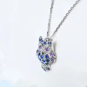 Diamond, Sapphire and Amethyst Owl Pendant Necklace