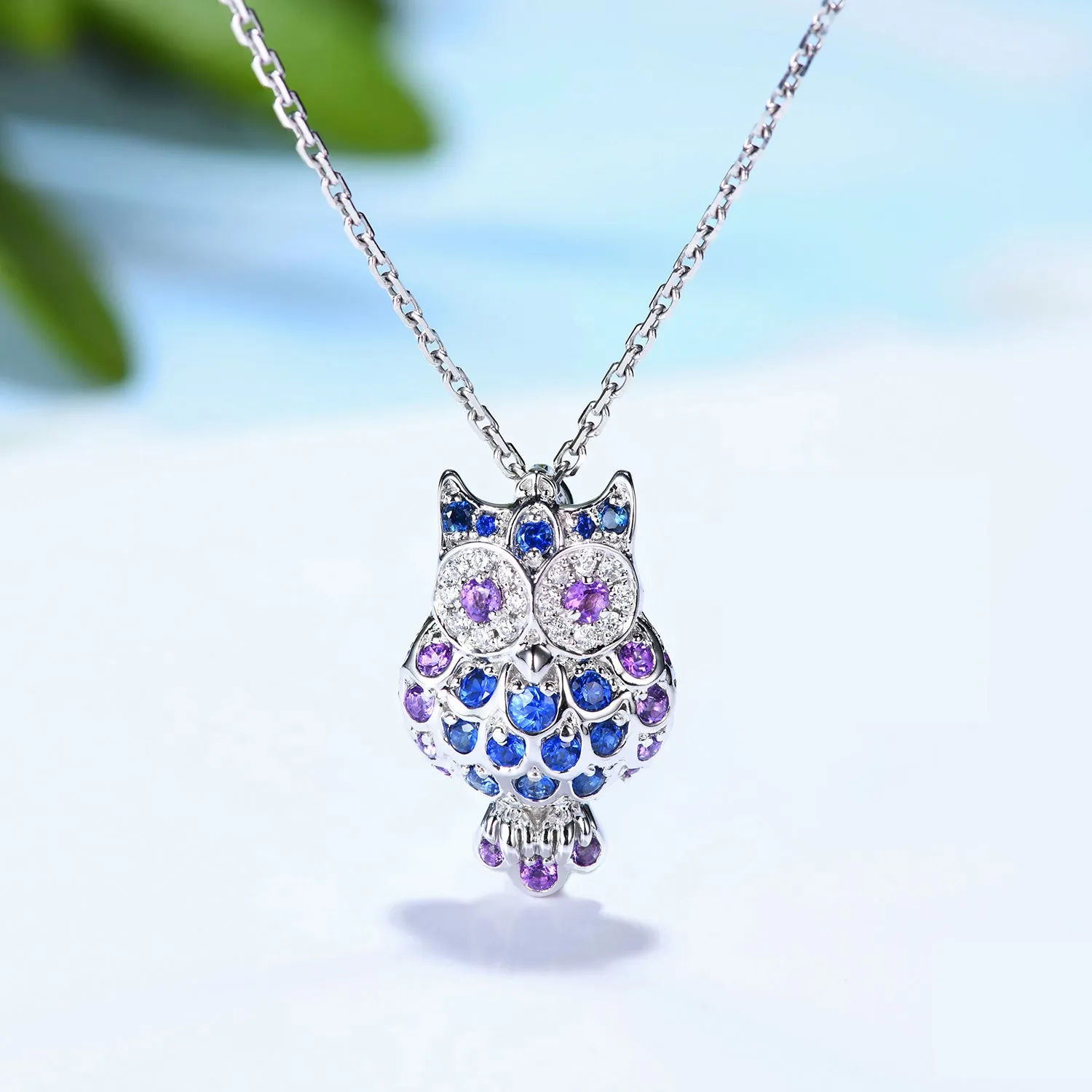 Diamond, Sapphire and Amethyst Owl Pendant Necklace