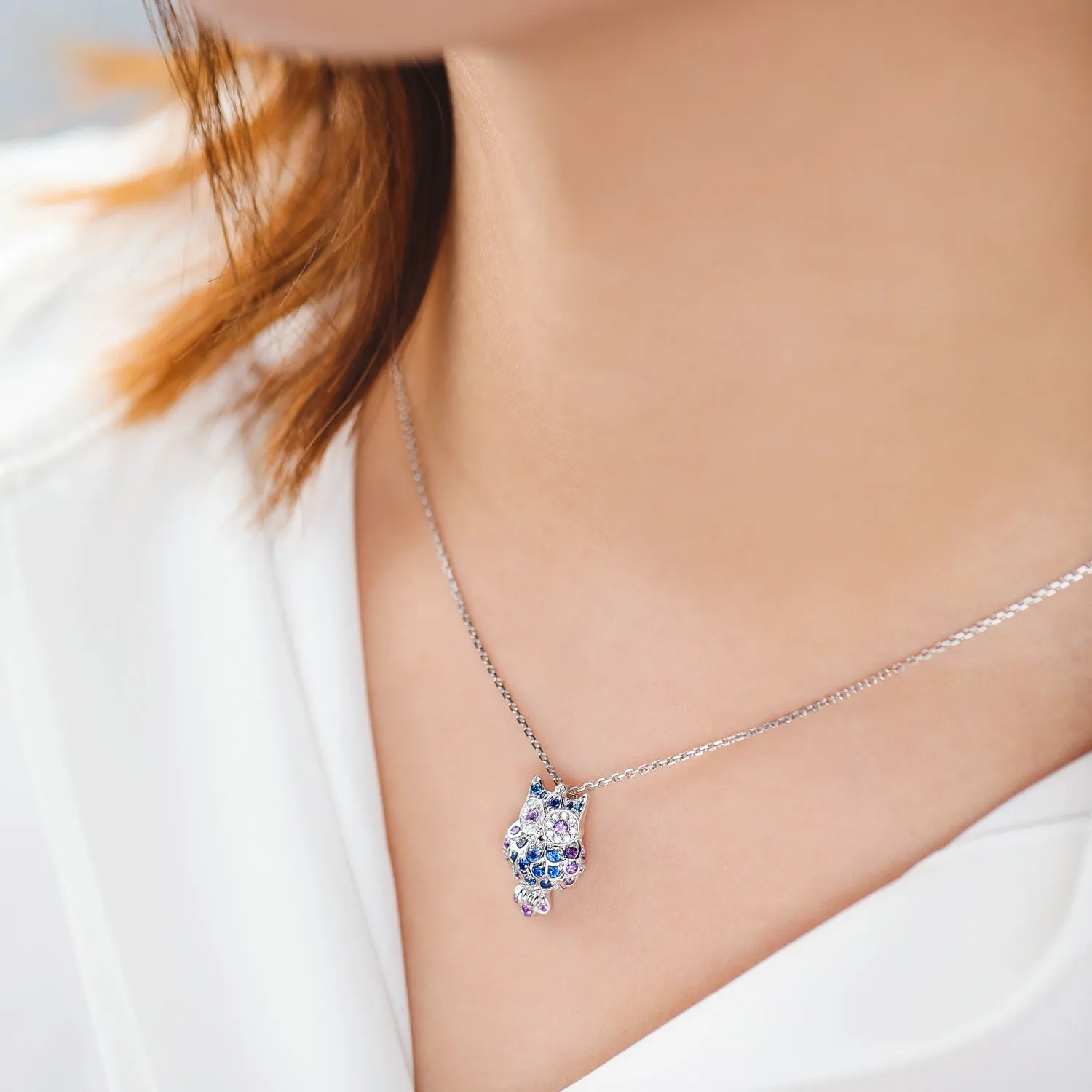 Diamond, Sapphire and Amethyst Owl Pendant Necklace