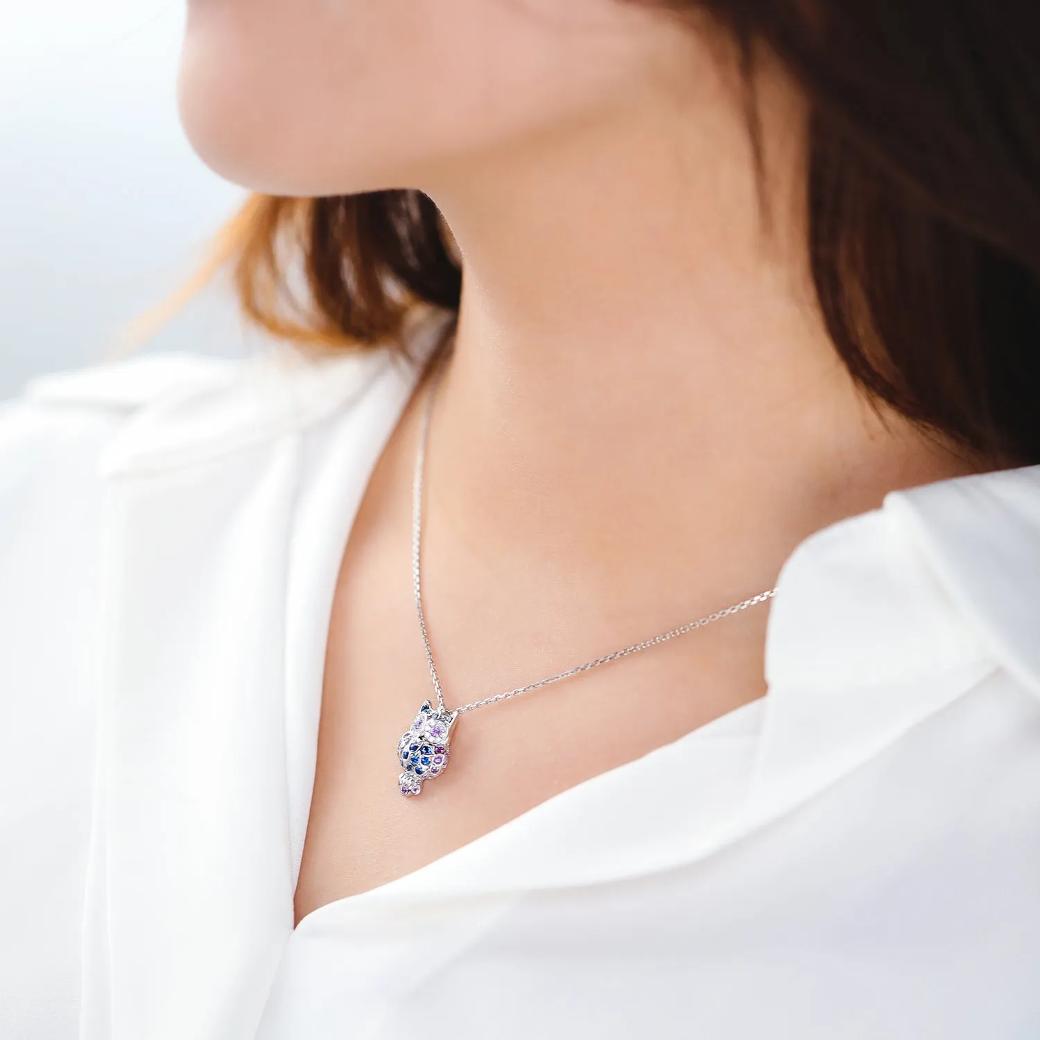 Diamond, Sapphire and Amethyst Owl Pendant Necklace