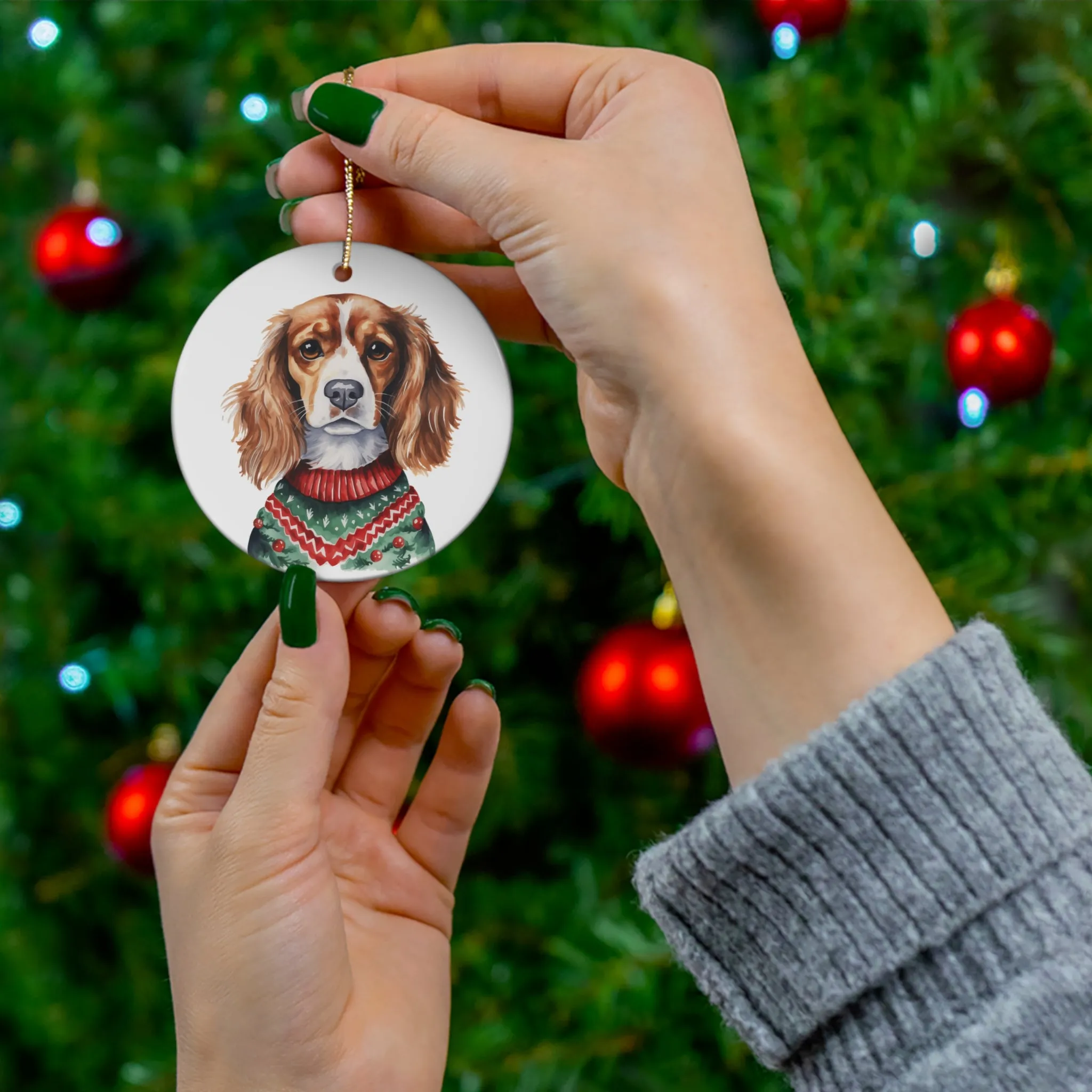 Dog With Christmas Sweater Ceramic Disc Ornament              Item #3445509