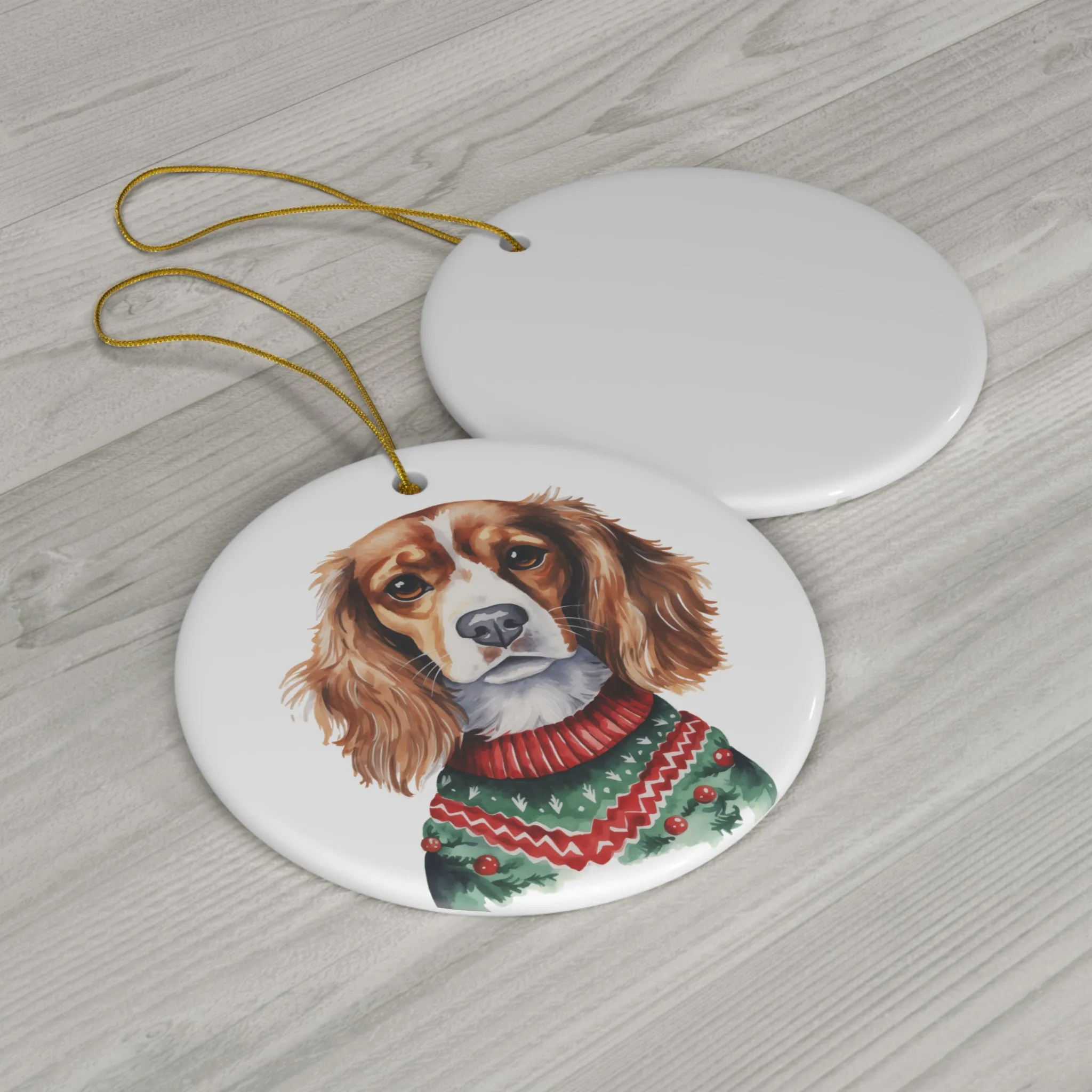 Dog With Christmas Sweater Ceramic Disc Ornament              Item #3445509
