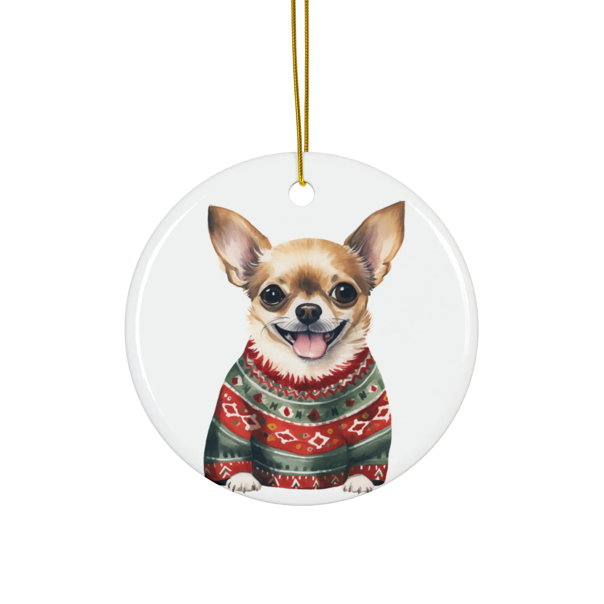 Dog With Christmas Sweater Ceramic Disc Ornament              Item #5194485