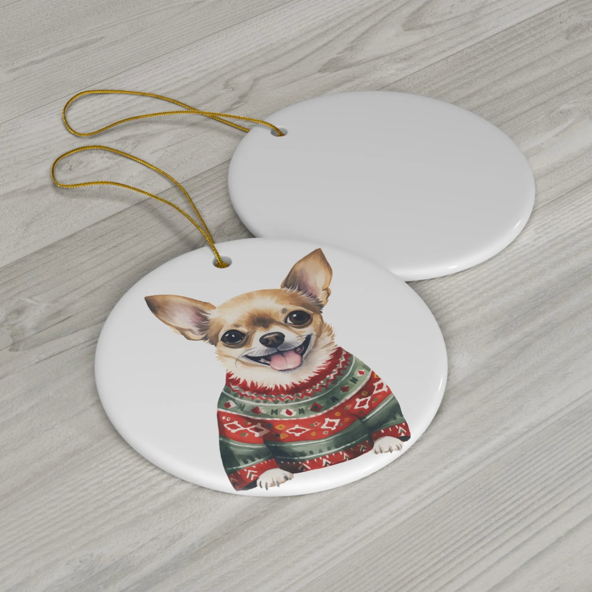 Dog With Christmas Sweater Ceramic Disc Ornament              Item #5194485