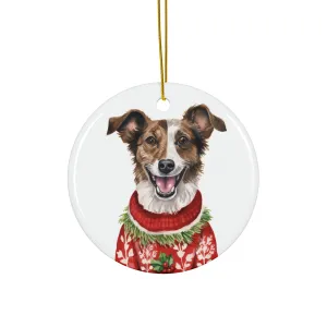 Dog With Christmas Sweater Ceramic Disc Ornament        Item #6098703