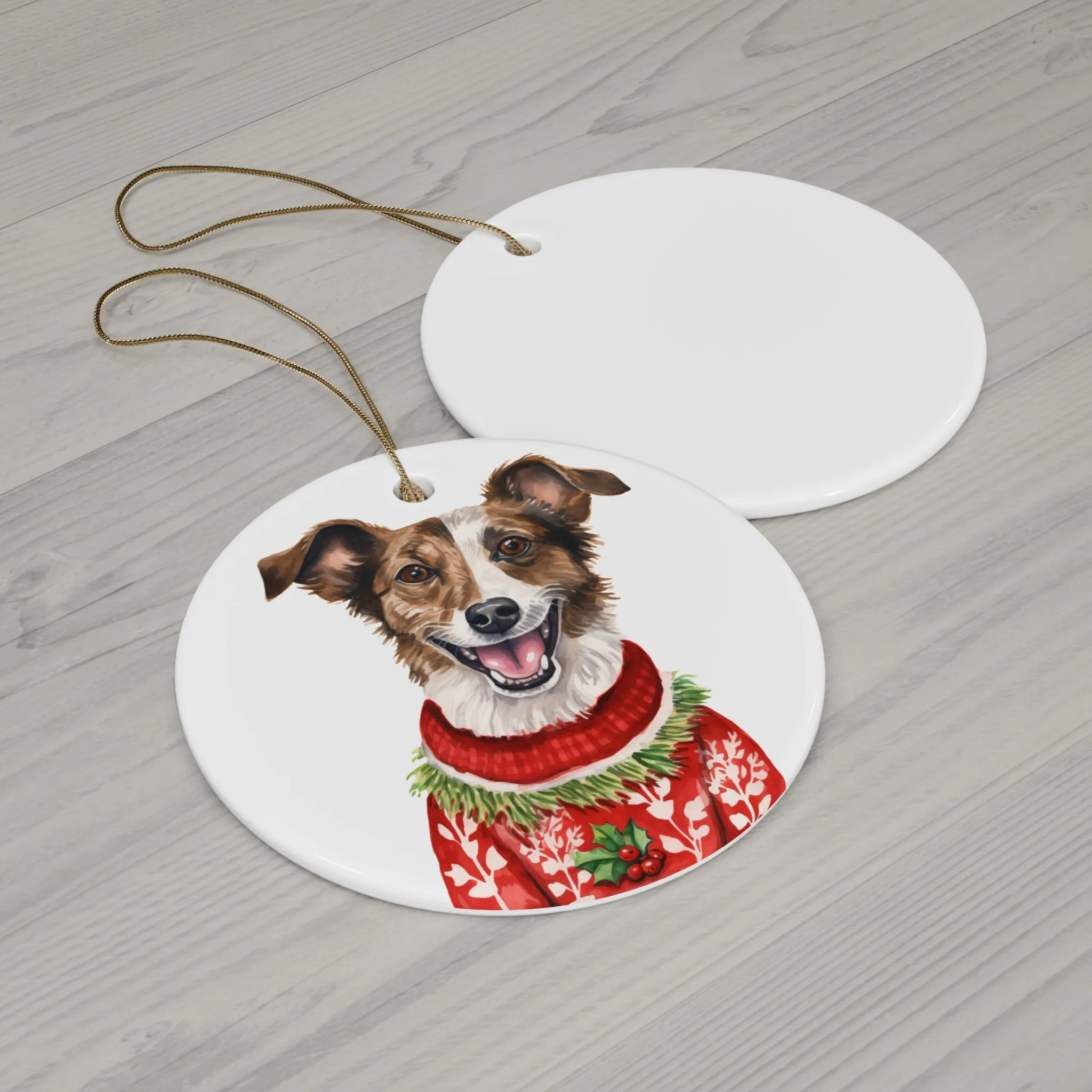 Dog With Christmas Sweater Ceramic Disc Ornament        Item #6098703