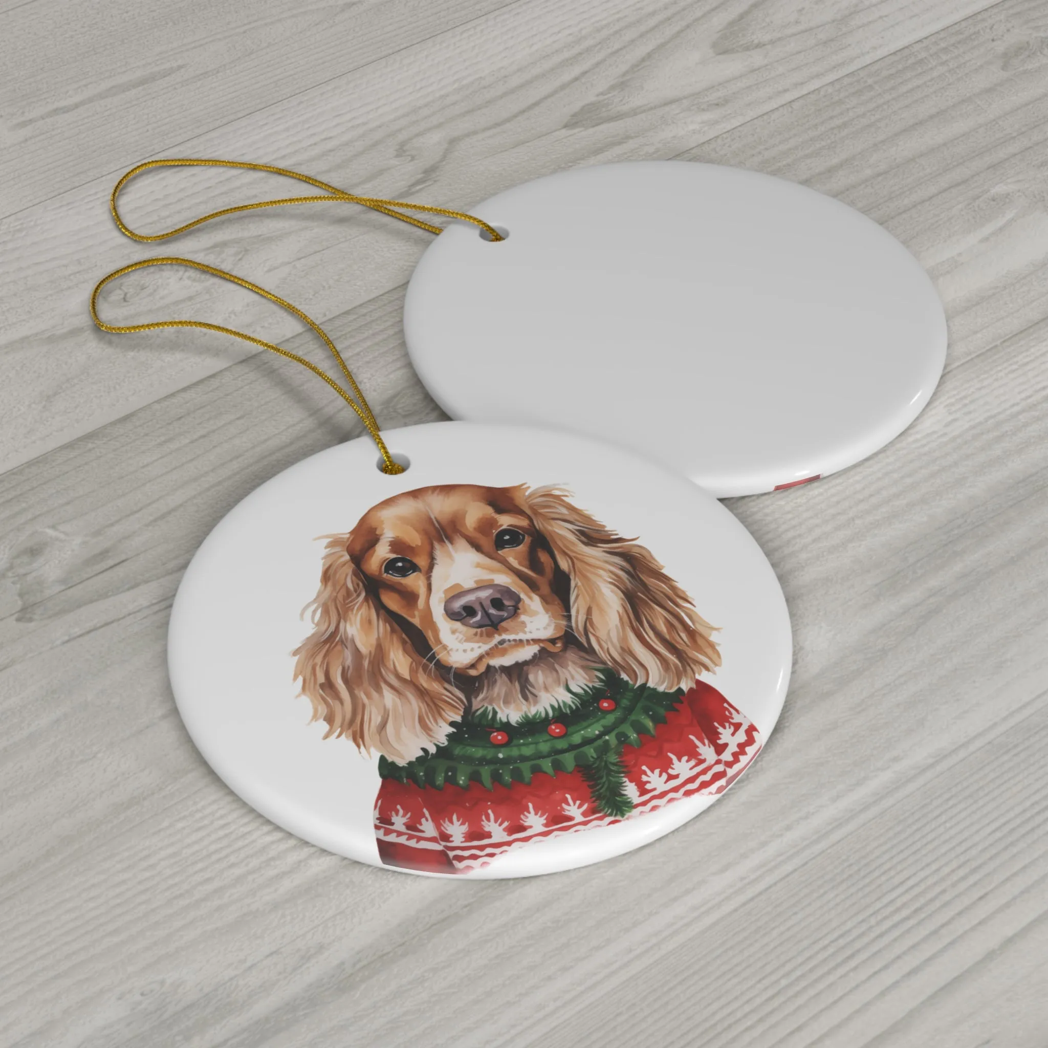 Dog With Christmas Sweater Ceramic Disc Ornament               Item #6376372