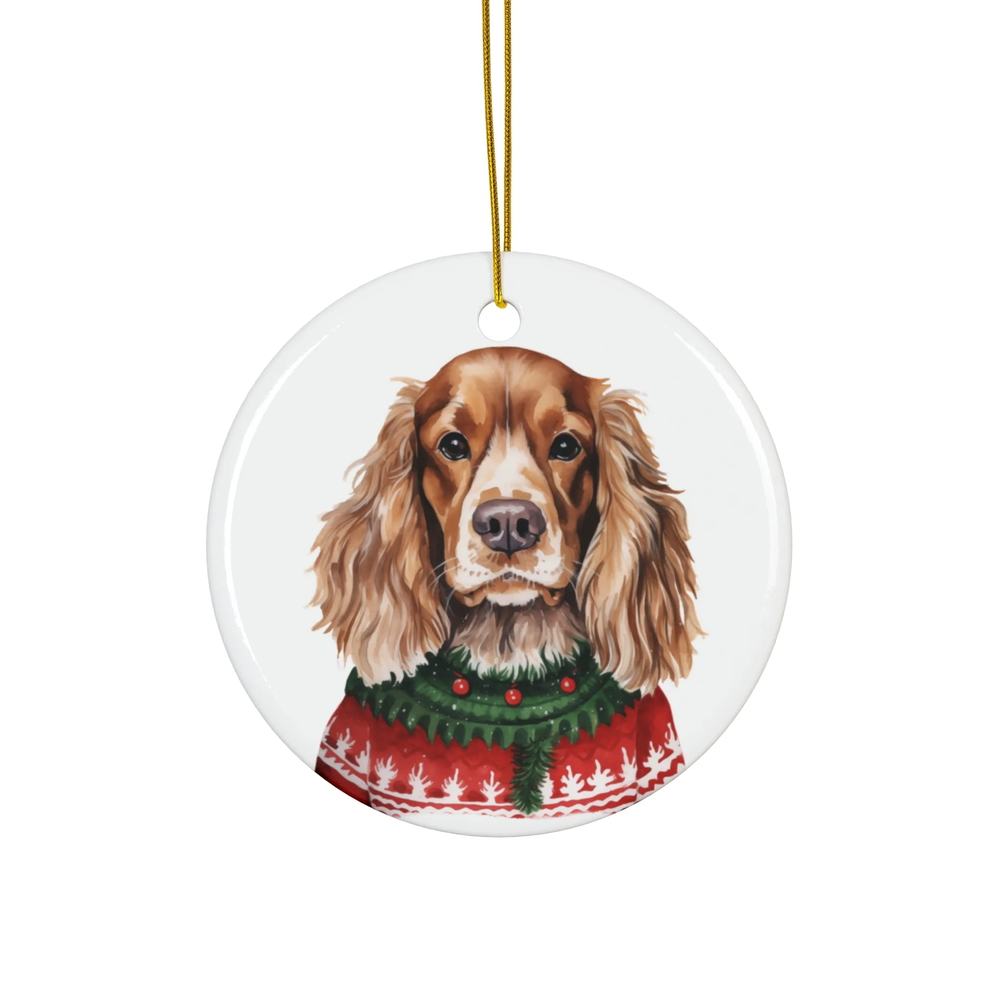 Dog With Christmas Sweater Ceramic Disc Ornament               Item #6376372