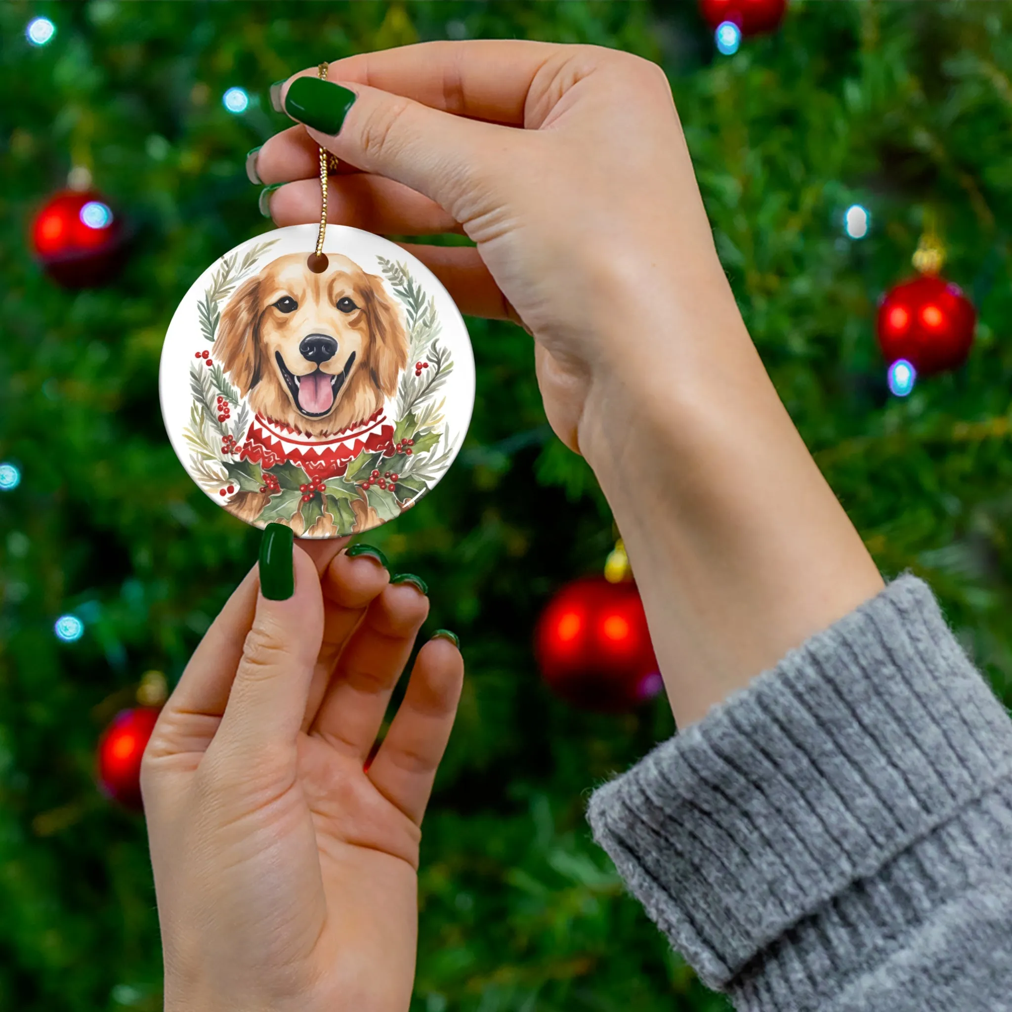 Dog With Christmas Sweater Ceramic Disc Ornament           Item #7757905