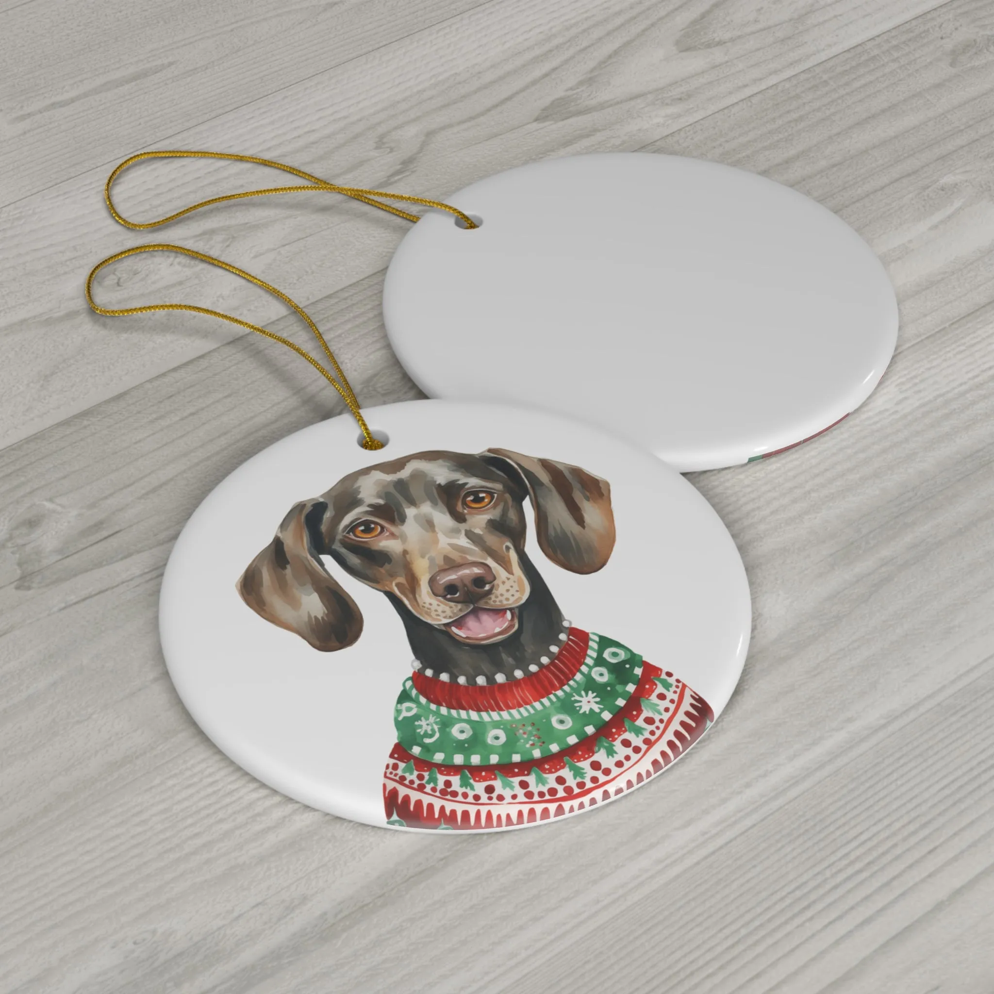 Dog With Christmas Sweater Ceramic Disc Ornament            Item #9692281