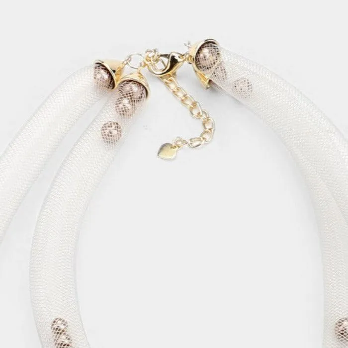Double Mesh Tube Brown Pearl Collar Necklace Set