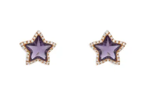 Earrings 18kt Gold Stars Amethyst & Diamonds Halo Studs