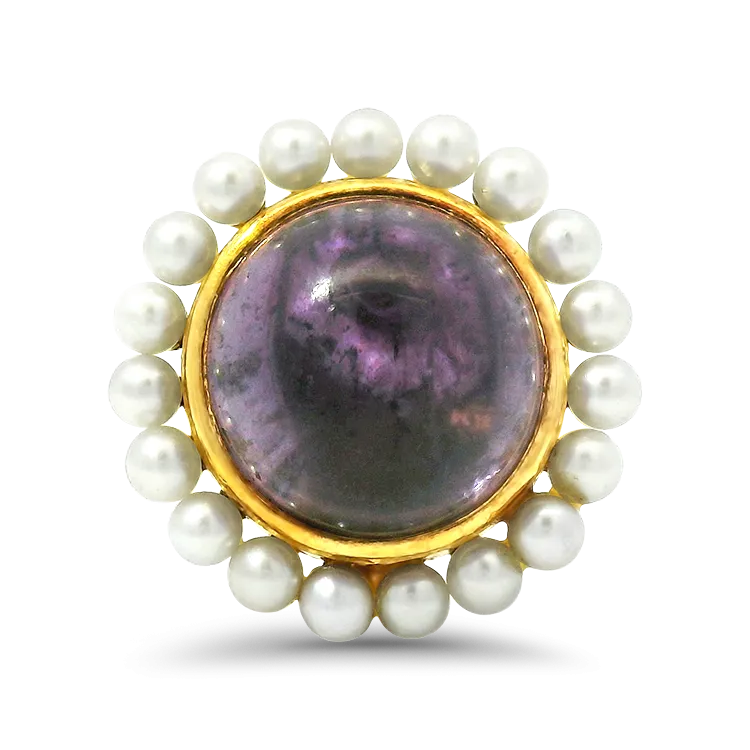 Estate 14k Yellow Gold Amethyst and Pearl Halo Ring